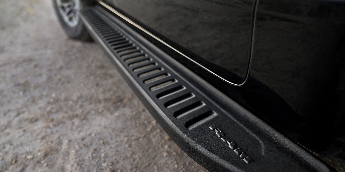 Mopar off-road running boards. Constructed of lightweight cast aluminum with a rugged spray-in bedliner and an anti-slip texture coating, exact-matched running boards fit tightly to the vehicle with no drilling necessary. Mopar Part # 82215508AC | $995 MSRP 